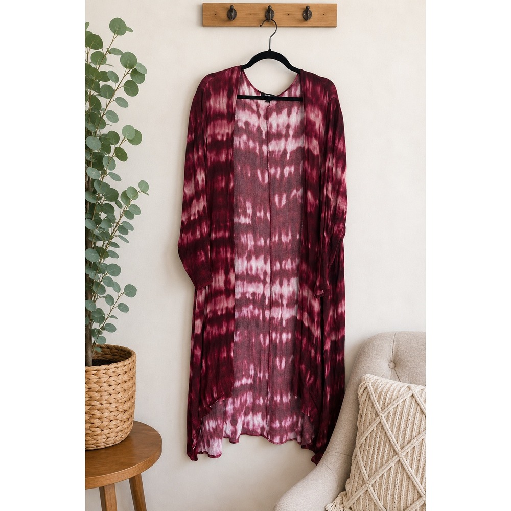 Torrid Burgundy Tie Dye Duster Cardigan Size 3X Boho Festival Open Front Maxi